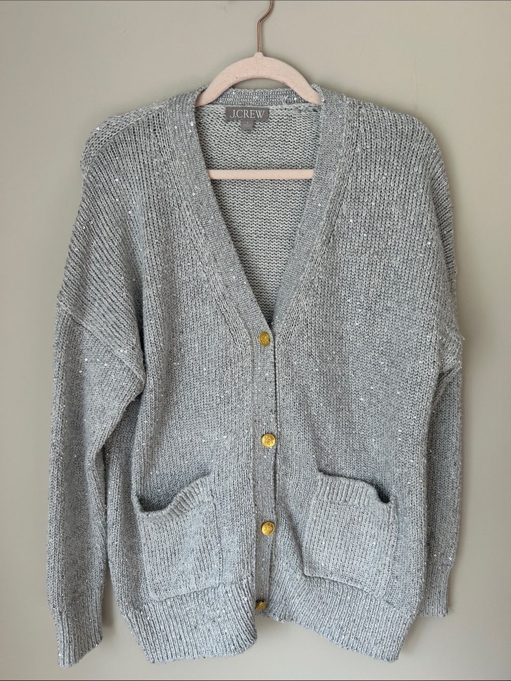 J. Crew Silver Sparkle Oversized Cardigan with Gold Buttons